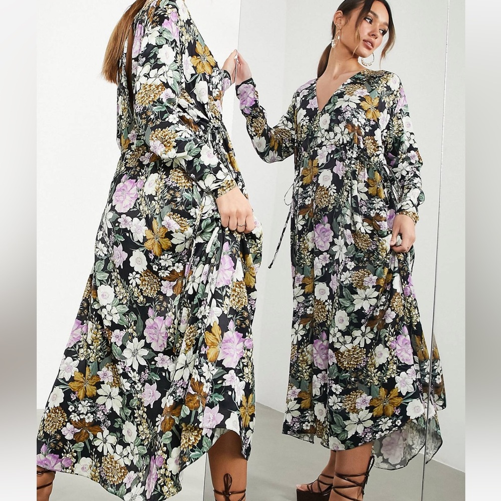 ASOS Floral Midi Dress - Black, Purple, Yellow